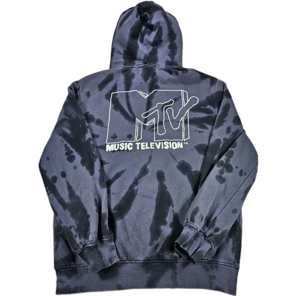 H&M MTV Hoodie Men's Black Gray Tie-Dye S Pullover Graphic Hooded Sweatshirt